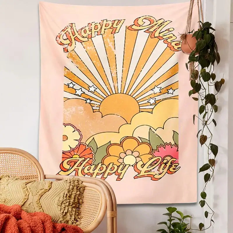 Pastel pink wall hanging decorbites 70s girl sunset tapestry with retro sunburst and colorful floral stars design