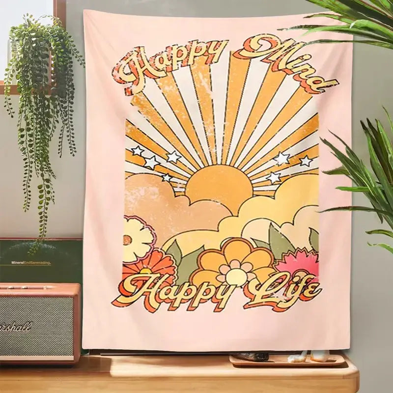 A soft pink decorbites 70s girl sunset tapestry wall hanging with retro sunburst and colorful floral decor for boho spaces