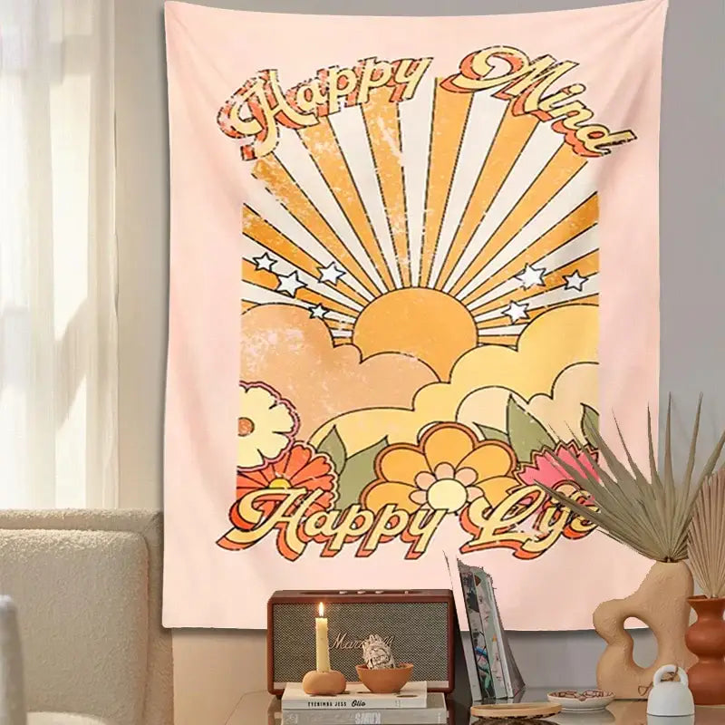 A soft pink DecorBites 70s girl wall hanging featuring a retro sunburst and happy mind happy life design