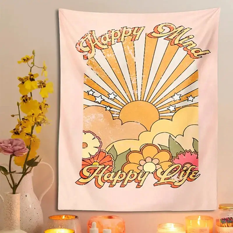 A soft pink decorbites 70s girl wall hanging tapestry with retro sunburst and happy mind happy life design