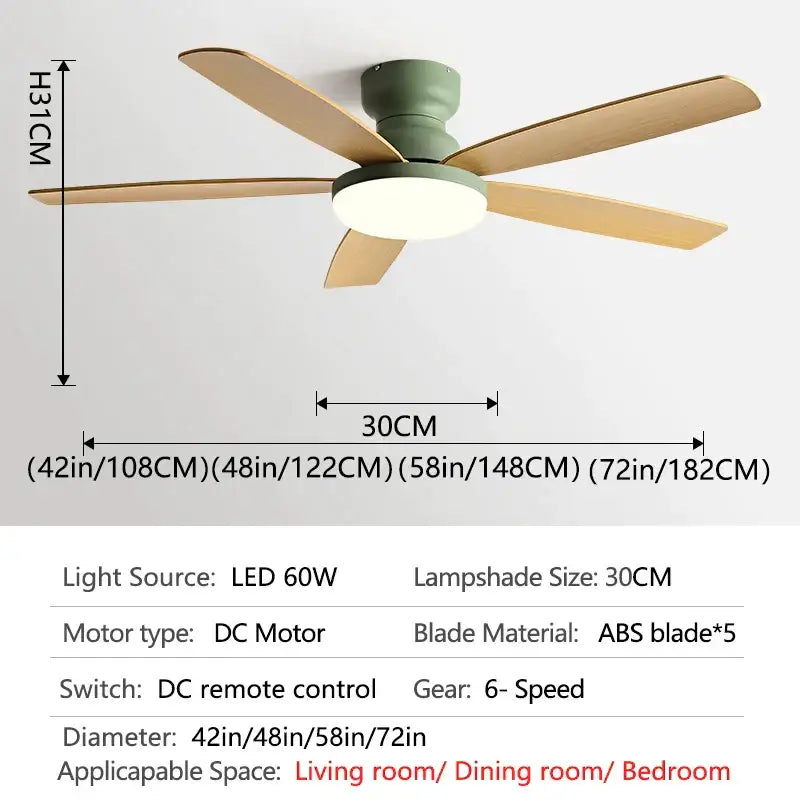 DecorBites™ 72 inch low floor fan light chandelier with five light wood blades and sage green led ceiling fan housing