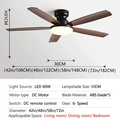 DecorBites 72 inch low floor fan ceiling fan with dark brown abs blades black motor housing and integrated led floor fan light