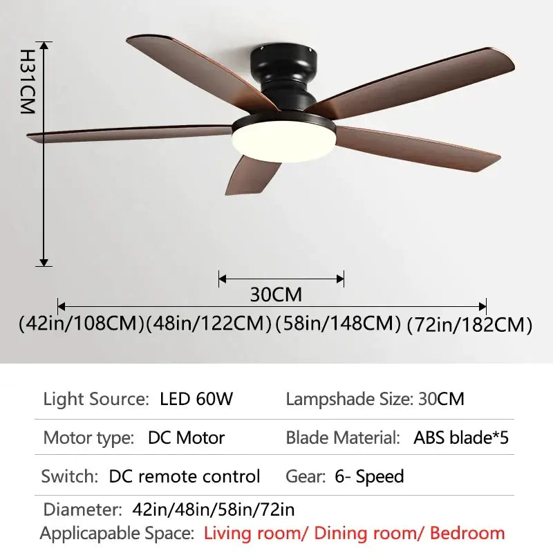 DecorBites 72 inch low floor fan ceiling fan with dark brown abs blades black motor housing and integrated led floor fan light