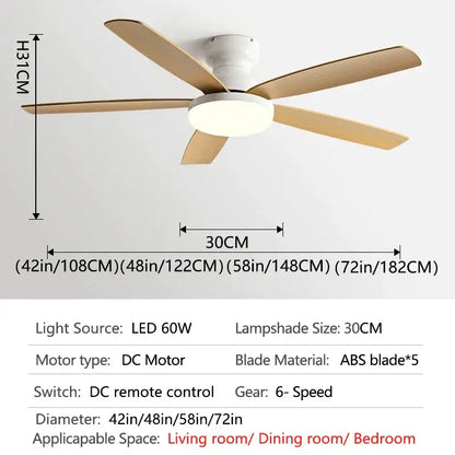 Modern DecorBites 72 inch low floor fan ceiling fan with five light wood-colored abs blades and integrated led lamp