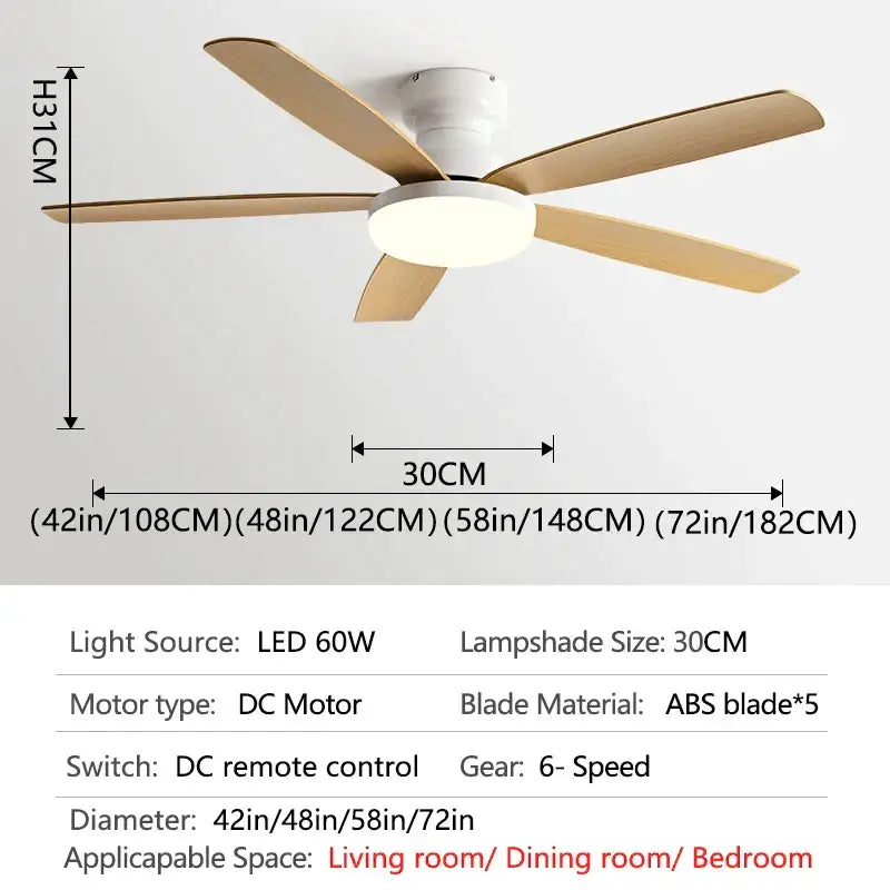 Modern DecorBites 72 inch low floor fan ceiling fan with five light wood-colored abs blades and integrated led lamp