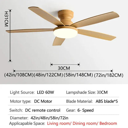 Decorbites 72 inch low floor fan light chandelier with five wooden blades and circular led light ceiling fan for living room