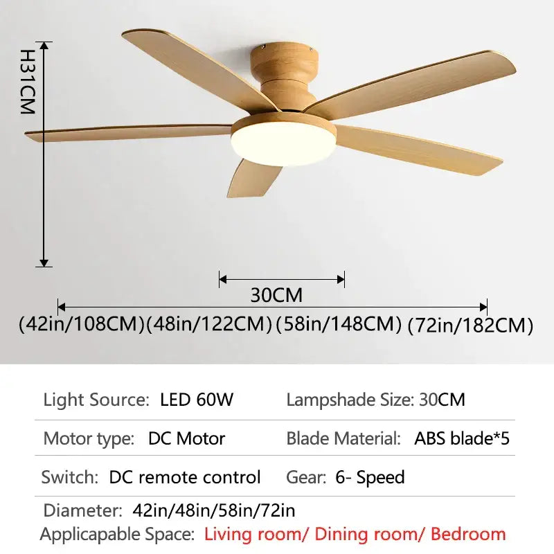 Decorbites 72 inch low floor fan light chandelier with five wooden blades and circular led light ceiling fan for living room