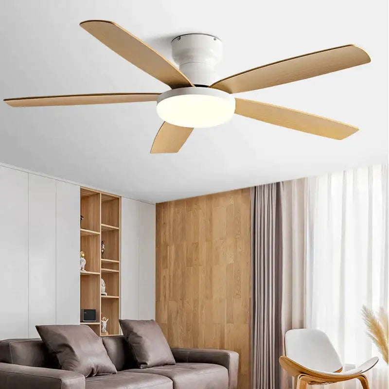 Modern DecorBites 72 inch low floor fan light chandelier with five wooden blades and integrated circular LED ceiling fan light