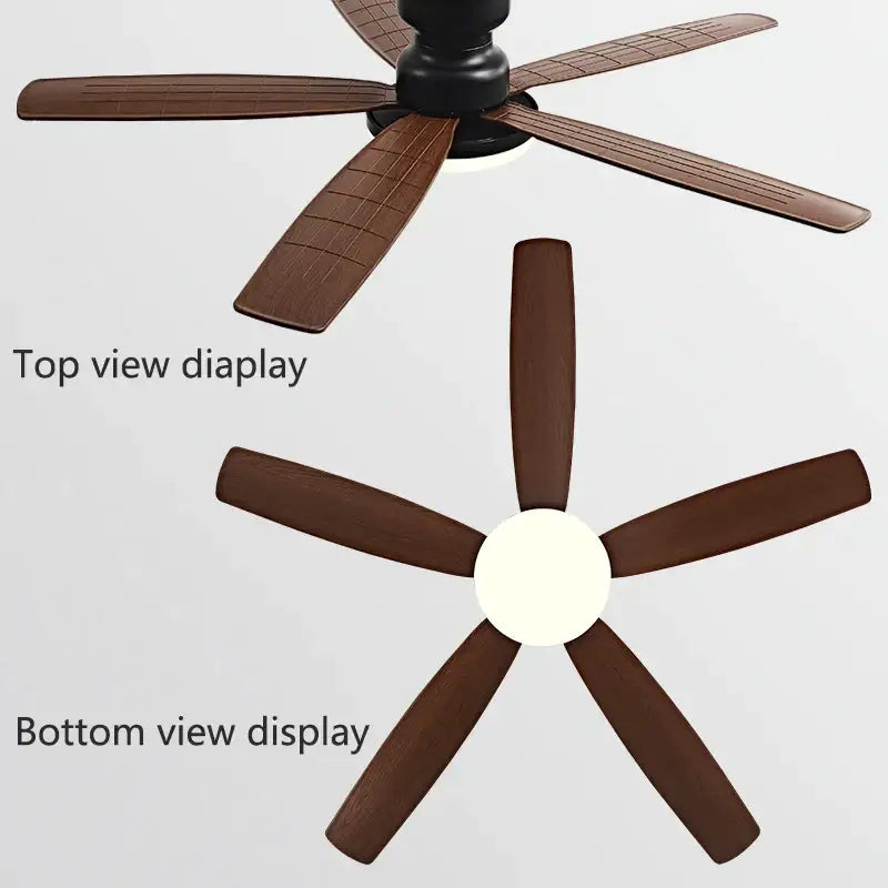 Dark brown wooden blades with textured finish on black hub featuring integrated light in DecorBites low floor fan ceiling fan