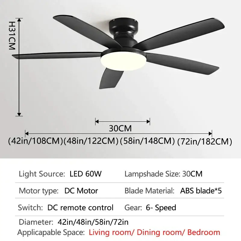 Black DecorBites 72 inch low floor fan ceiling fan with five ABS blades and circular LED floor fan light fixture