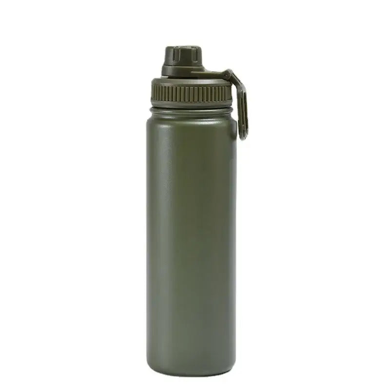 Olive green decorbites™ 750ml stainless steel insulated sports water bottle with textured screw-on lid and carrying loop