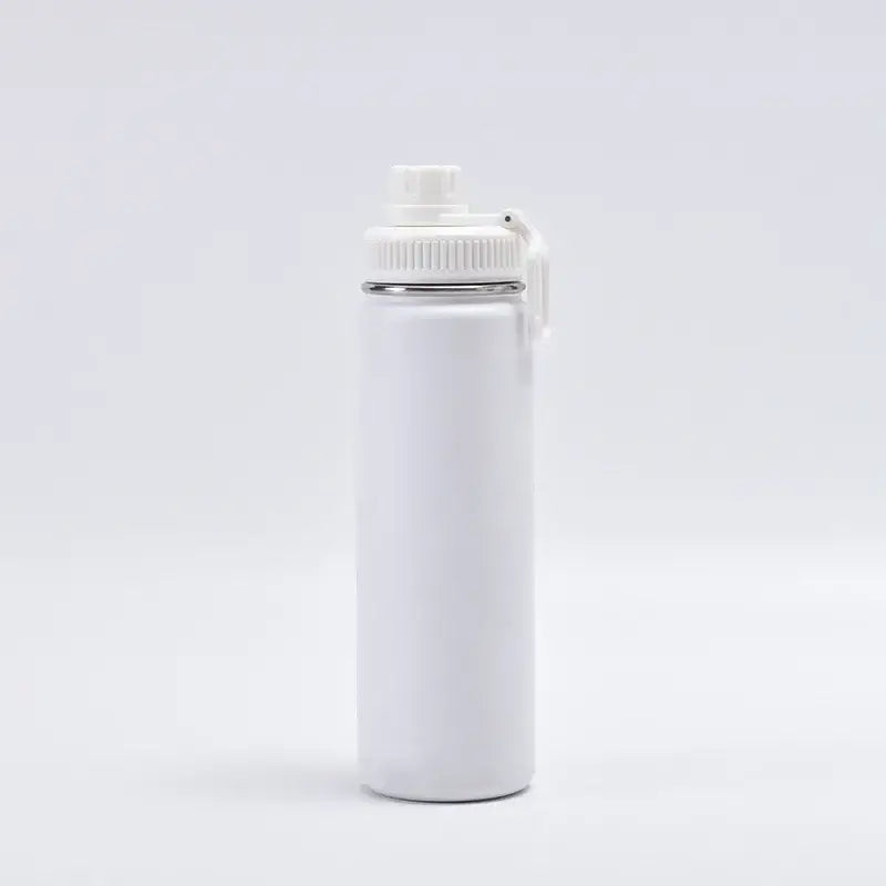 White insulated stainless steel sports water bottle with flip-top spout and carrying loop vacuum thermos