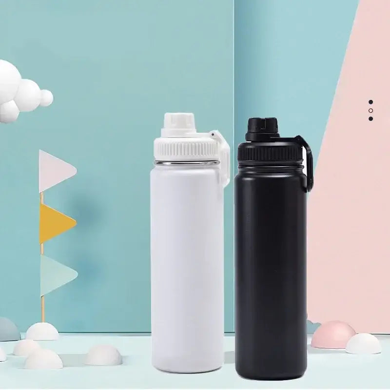 Two matte white and black decorbites™ 750ml stainless steel insulated sports water bottles with screw-on lids and loops
