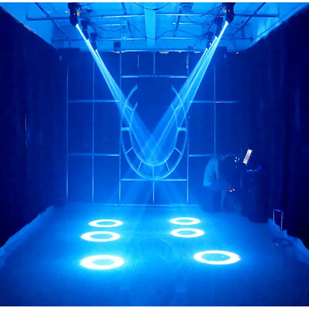 Blue laser light show with decorbites 75w led moving head projecting v-shaped beams and circular floor spotlights