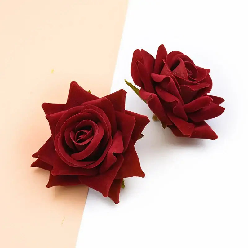 Deep red artificial rose heads with velvety petals and green stems decorbites 7cm rose for wedding décor and crafts