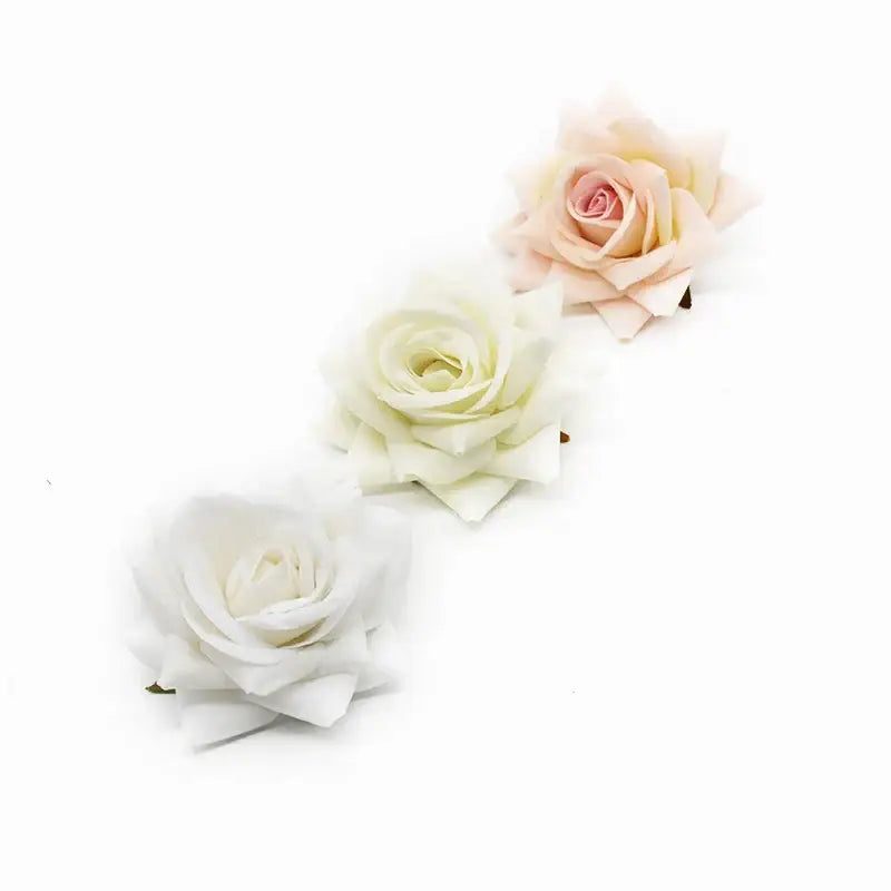 Decorbites 7cm rose heads in soft white creamy ivory and blush pink fabric petals for wedding décor and crafts