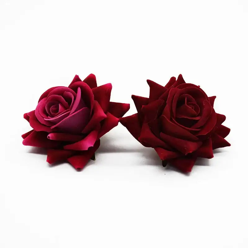 Two deep red artificial rose heads with layered velvety petals decorbites 7cm rose for wedding décor and crafts