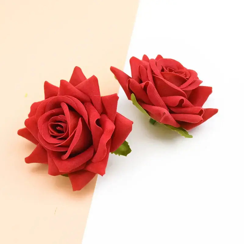Vibrant red foam rose heads with detailed petal layers and green leaf accents decorbites 7cm rose for wedding decor