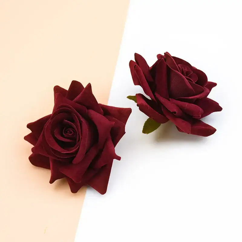 Deep burgundy velvety 7cm rose heads by decorbites with green stems for wedding décor and autumn home decoration