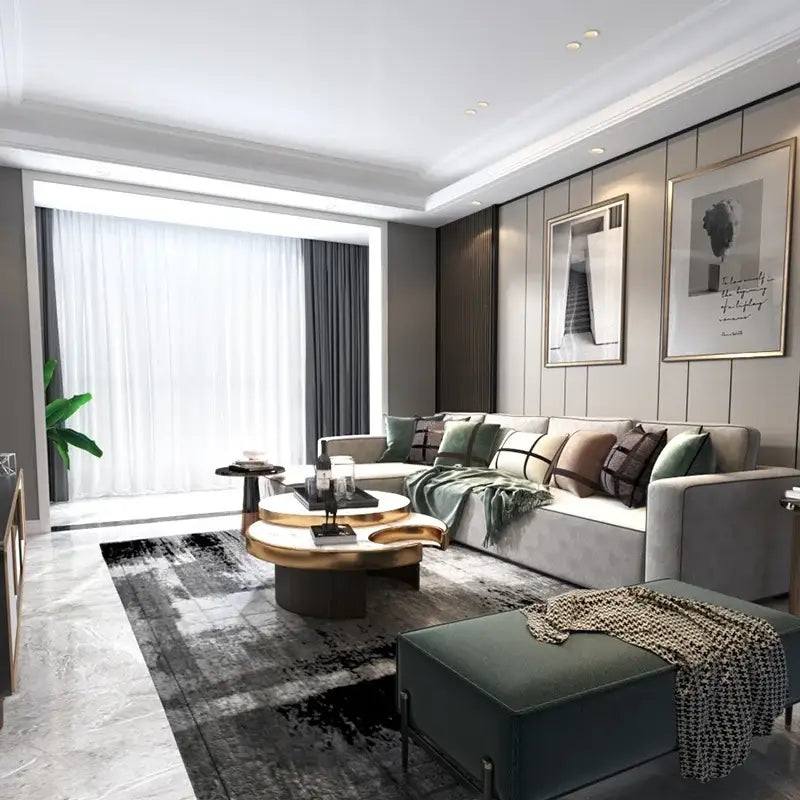 Modern gray sectional sofa with plush cushions and green throw blanket under decorbites soft anti-glare led downlight