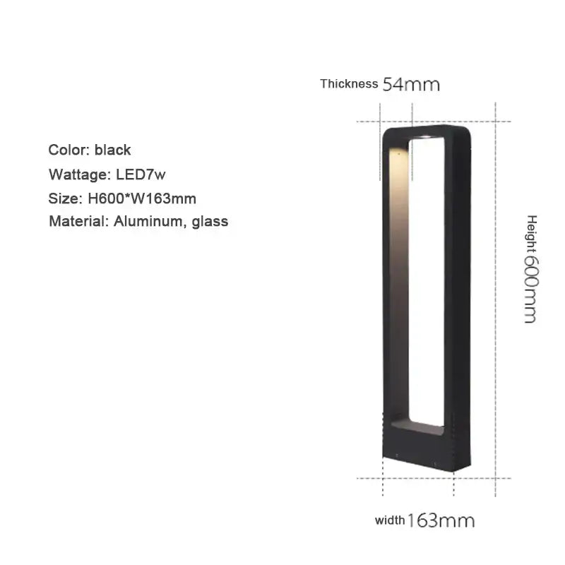 Black rectangular decorbites 7w led aluminum garden bollard light with glass in modern design h600mm x w163mm