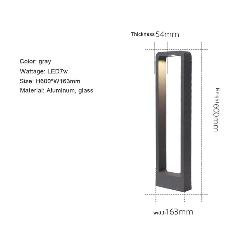 Gray rectangular bollard light made of aluminum and glass with sleek modern design h600mm w163mm decorbites 7w led