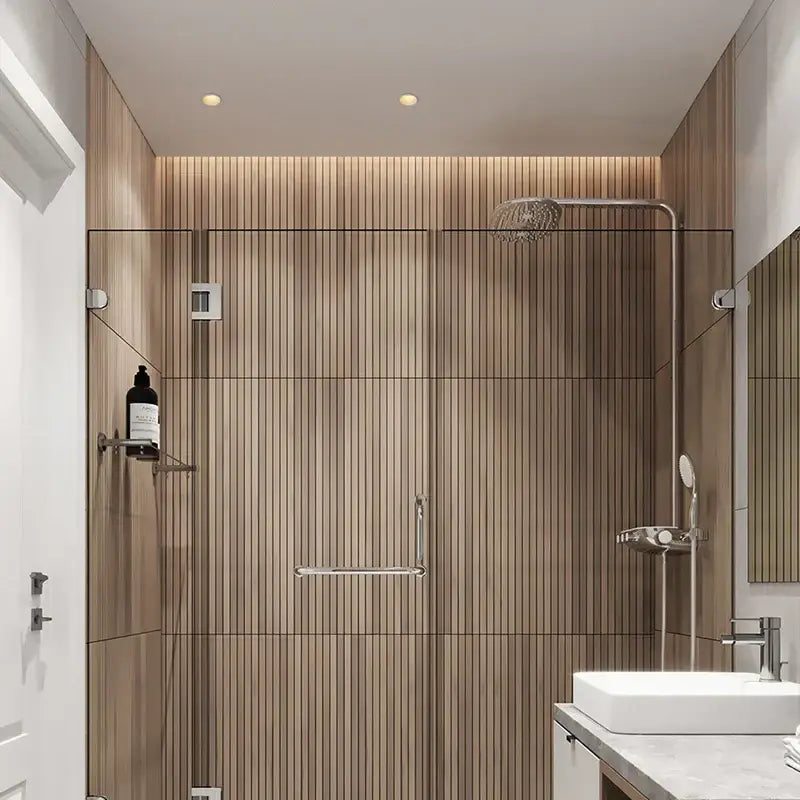Modern shower enclosure with wood-look panels and brushed stainless steel rainhead shown alongside decorbites 7w led downlight with 30° beam angle