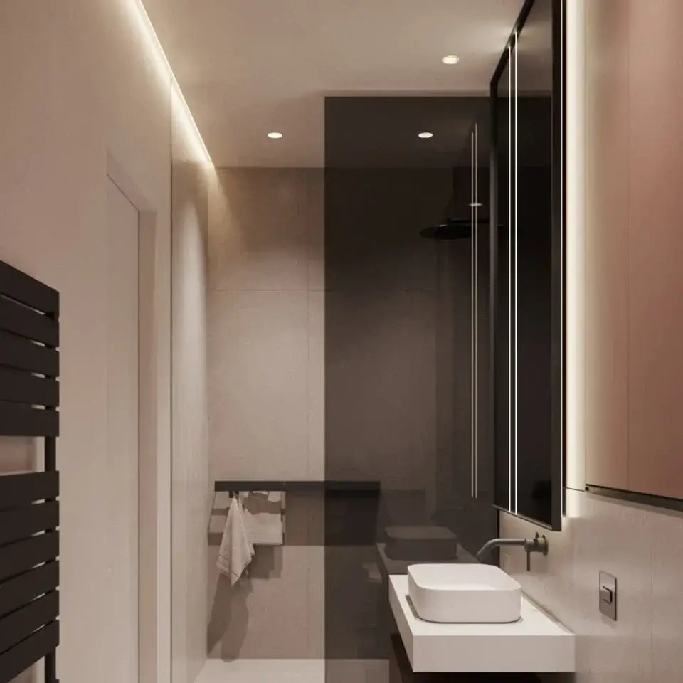 Modern white rectangular sink with chrome faucet installed under decorbites’s 7w led downlight with 30° beam angle