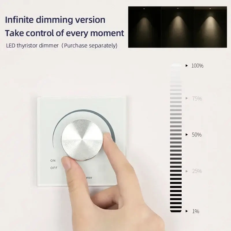 Silver-toned circular dimmer knob on white wall plate for decorbites 7w led recessed downlight dimmable spot light