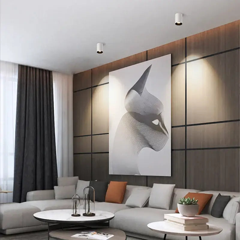 Modern black-and-white abstract bird art print on wooden wall paired with decorbites 7w matte aluminum ceiling downlight
