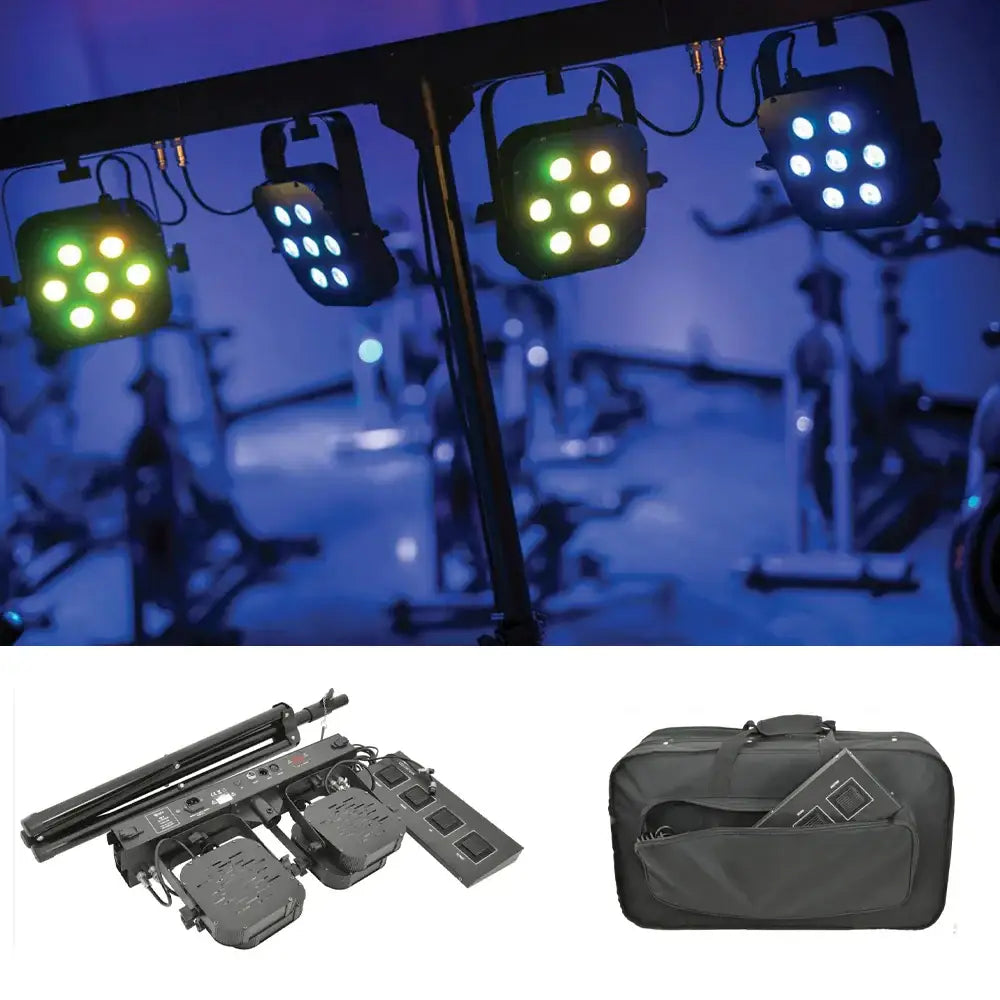 Black led stage lights with green and blue lights mounted on rig above equipment decorbites 7x40w rgbw led par kit
