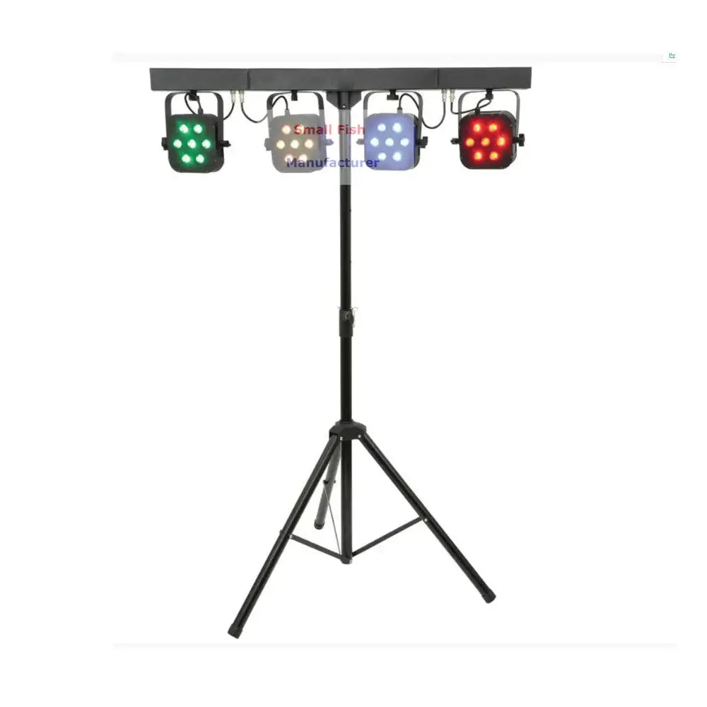 Black tripod stand holding decorbites 7x40w rgbw led par lights emitting green white blue and red light for professional dj use
