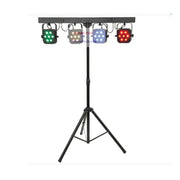 Black tripod stand holding decorbites 7x40w rgbw led par lights emitting green white blue and red light for professional dj use