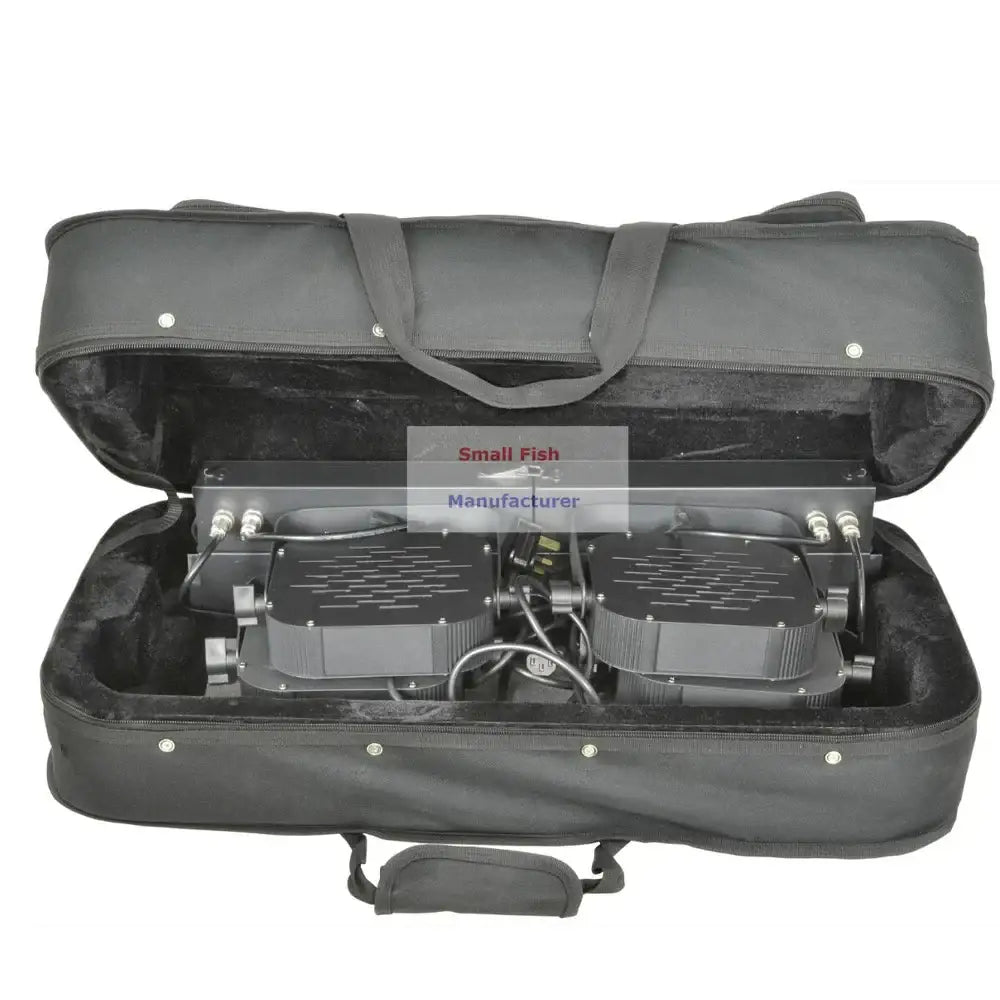 Black fabric carrying case containing two black industrial-grade underwater lighting units decorbites 7x40w rgbw led par kit