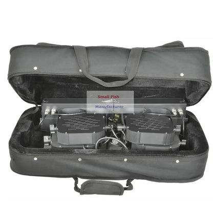 Black fabric carrying case containing two black industrial-grade underwater lighting units decorbites 7x40w rgbw led par kit