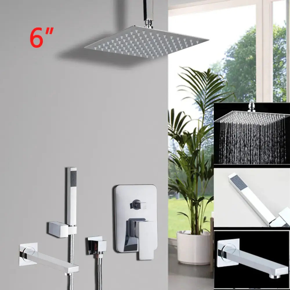 Decorbites™ inch chrome shower set with six-inch square chrome rainfall showerhead and brass faucet ceiling mount