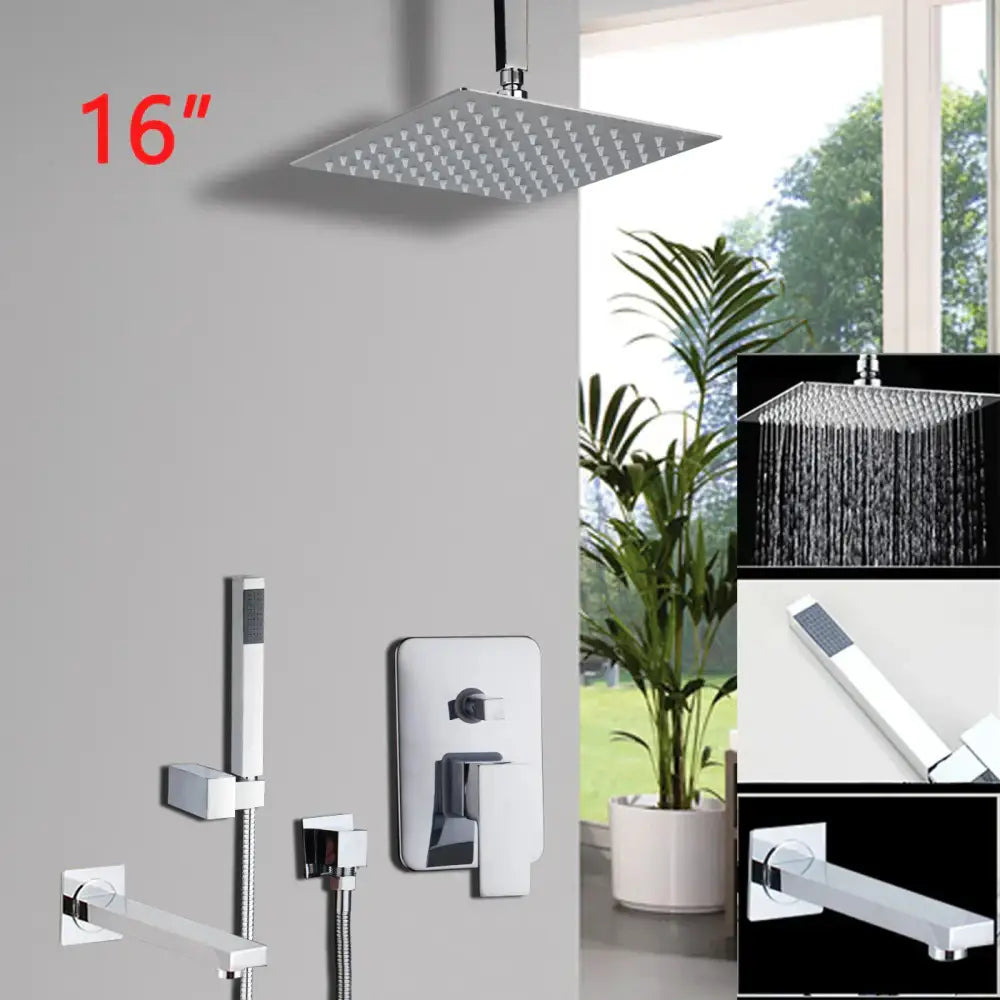 DecorBites™ 16 inch chrome showerhead with sleek modern design in chrome shower set featuring rainfall head and brass faucet