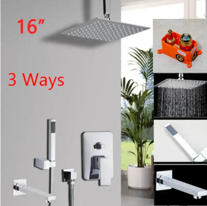 Decorbites 16 inch chrome showerhead with three spray modes in chrome shower set with rainfall head and brass faucet