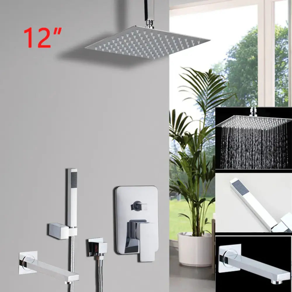 DecorBites™ inch chrome shower set with 12-inch square chrome showerhead featuring textured surface for enhanced flow