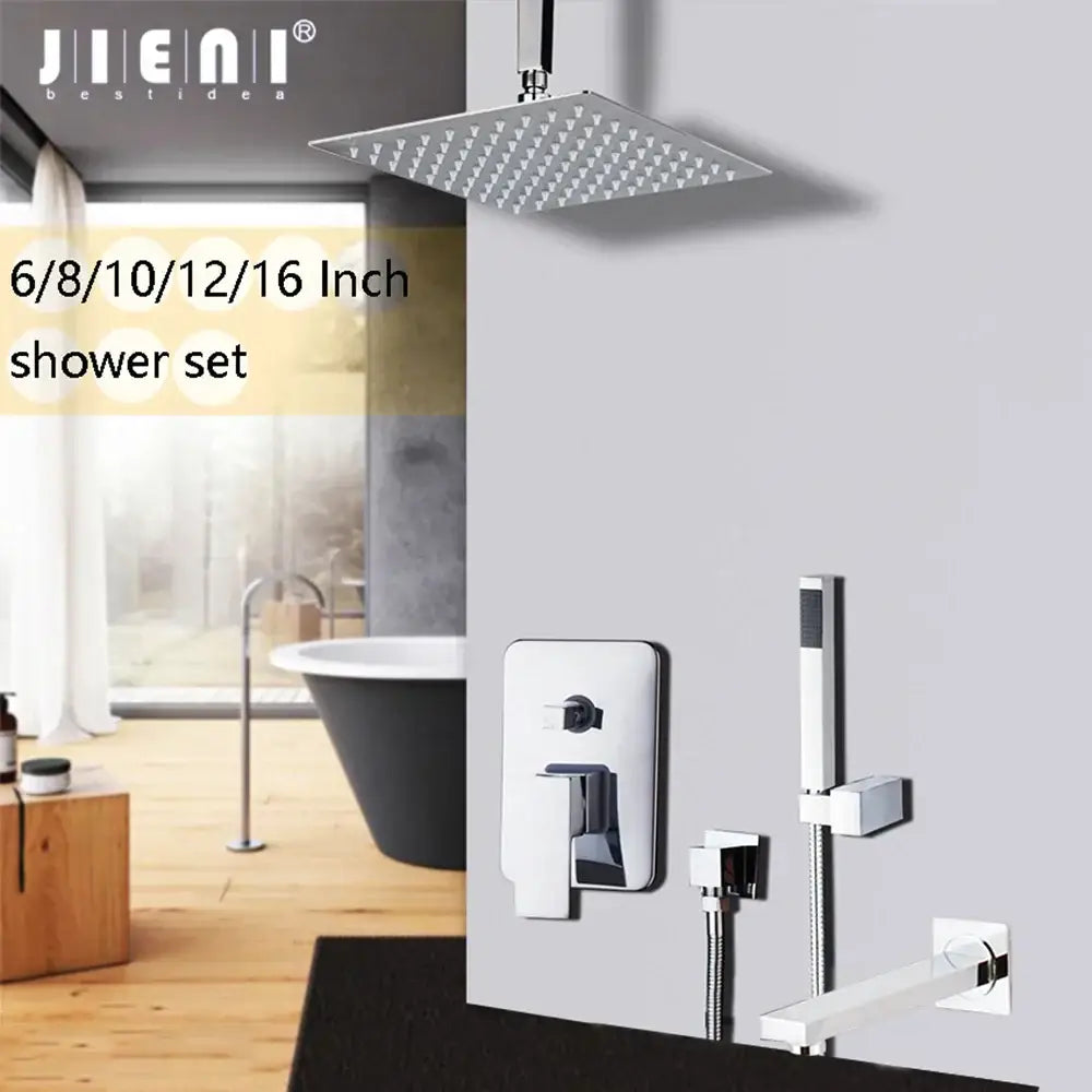 Silver square inch chrome showerhead with small nozzles in DecorBites™ chrome shower set with brass faucet