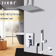 Silver square inch chrome showerhead with small nozzles in DecorBites™ chrome shower set with brass faucet