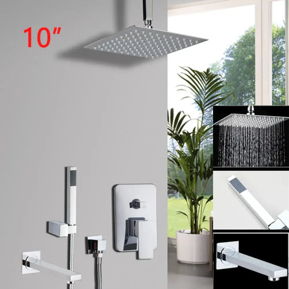 Decorbites™ 10-inch square inch chrome shower head with multiple nozzles in chrome shower set for rainfall experience