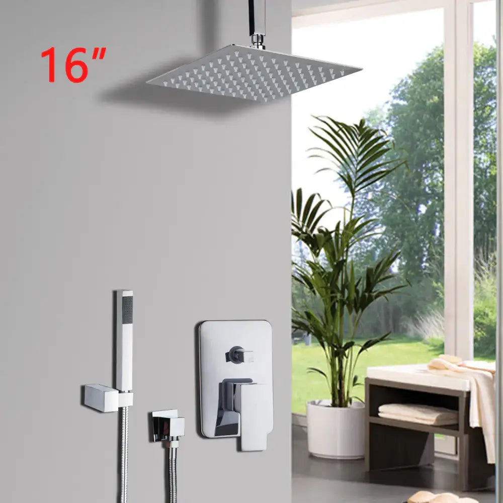 Chrome shower set featuring 16 inch square rainfall head with wall-mounted brass faucet and handheld attachment by DecorBites