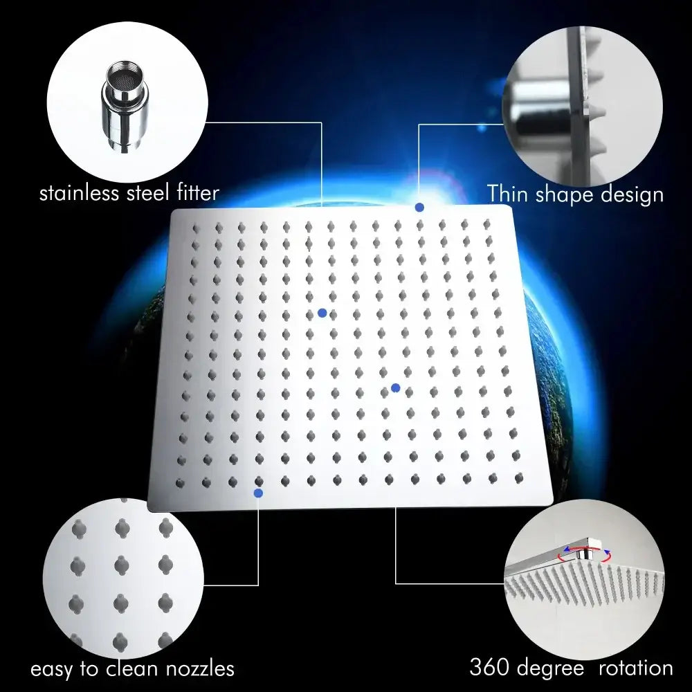 Square stainless steel showerhead with thin profile and evenly spaced nozzles in decorbites inch chrome shower set