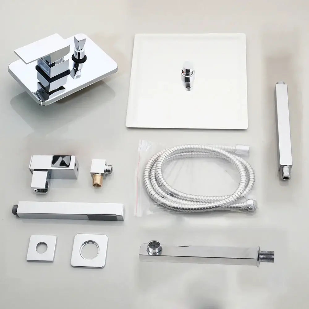 Modern chrome shower set featuring an 8/16 inch rainfall head ceiling mount mixer and brass faucet with minimalist design