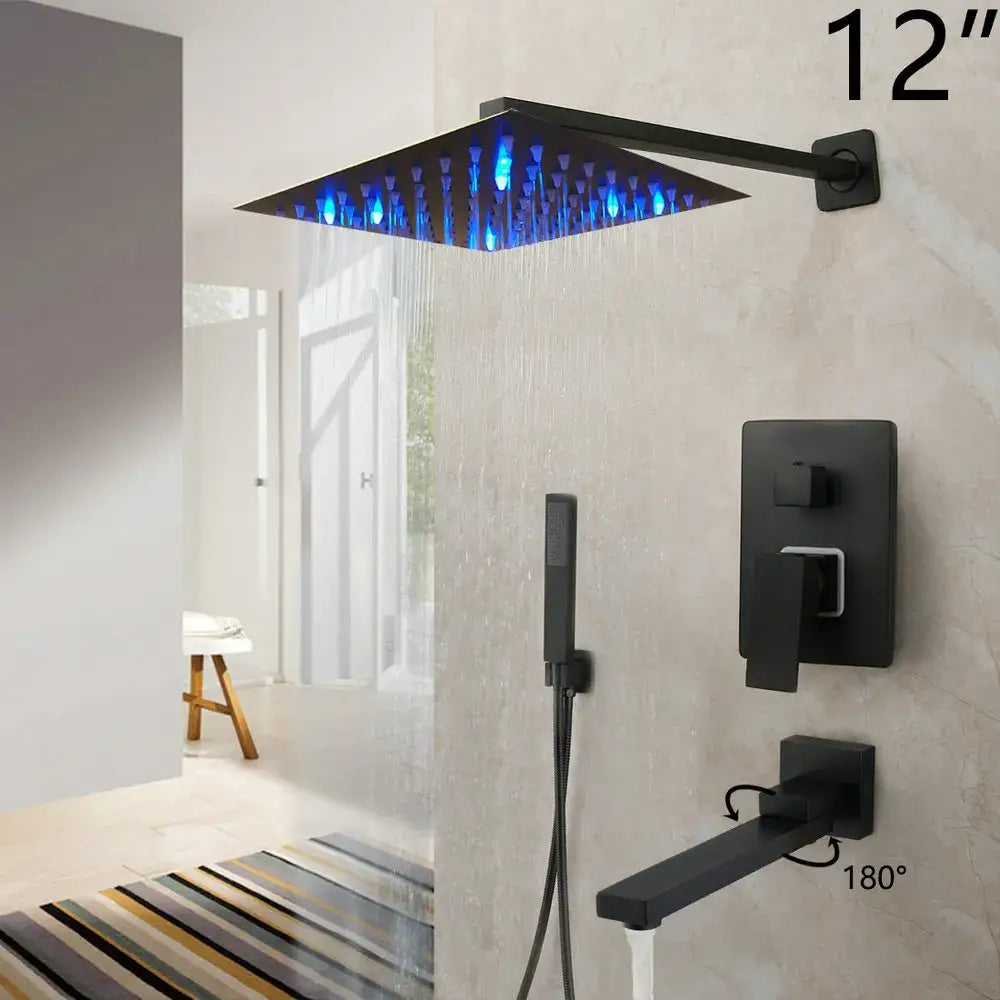 Black 12 inch matte black led rain shower head from DecorBites™ 8/16 inch matte black rainfall shower faucet set