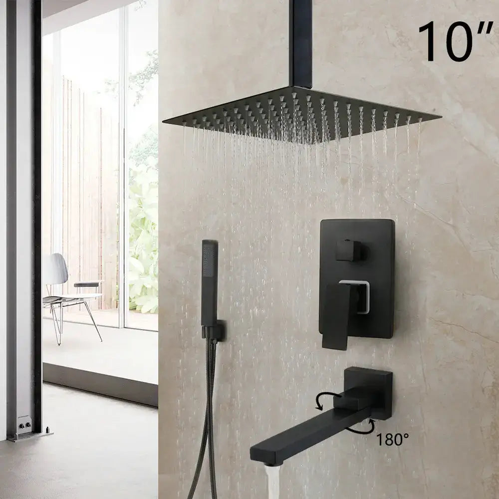 DecorBites 10-inch square matte black led rainfall showerhead with handheld shower and wall-mounted control panel