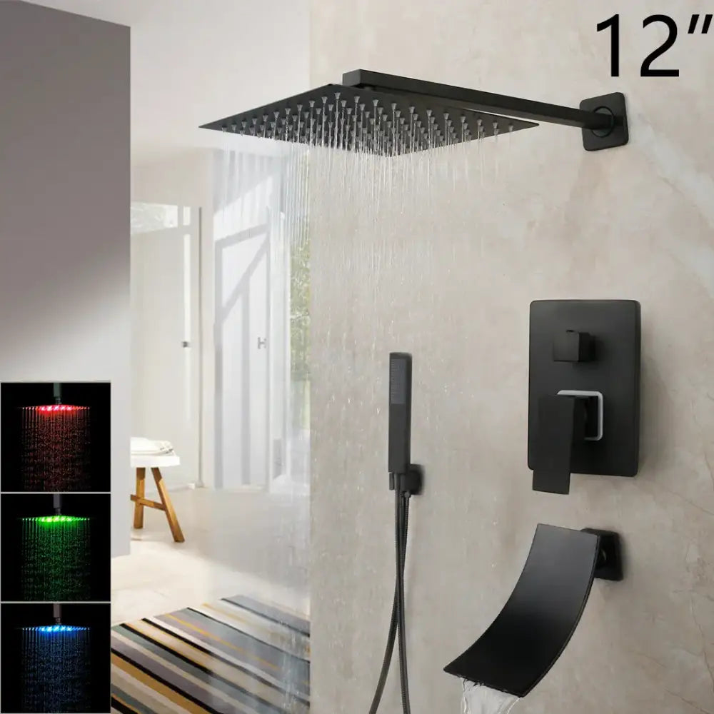 Black matte-finish 12-inch square rainfall showerhead with integrated matte black led lighting from decorbites set