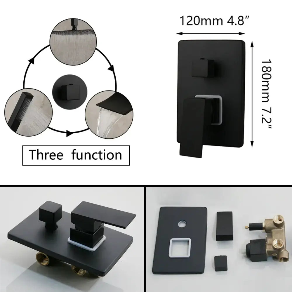 Decorbites 8 16 inch matte black led rainfall shower faucet set with black matte finish three-function valve set