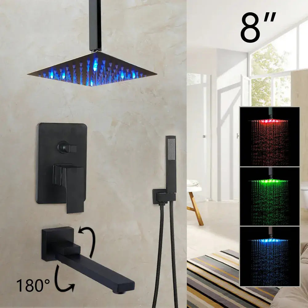 Decorbites 8-inch matte black led rainfall showerhead with square design and matte black finish for modern bathrooms